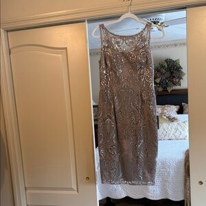 Adrianna Papell Taupe Lace Midi Dress